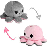 Gray and pink plush octopus toys with different expressions on a white background
